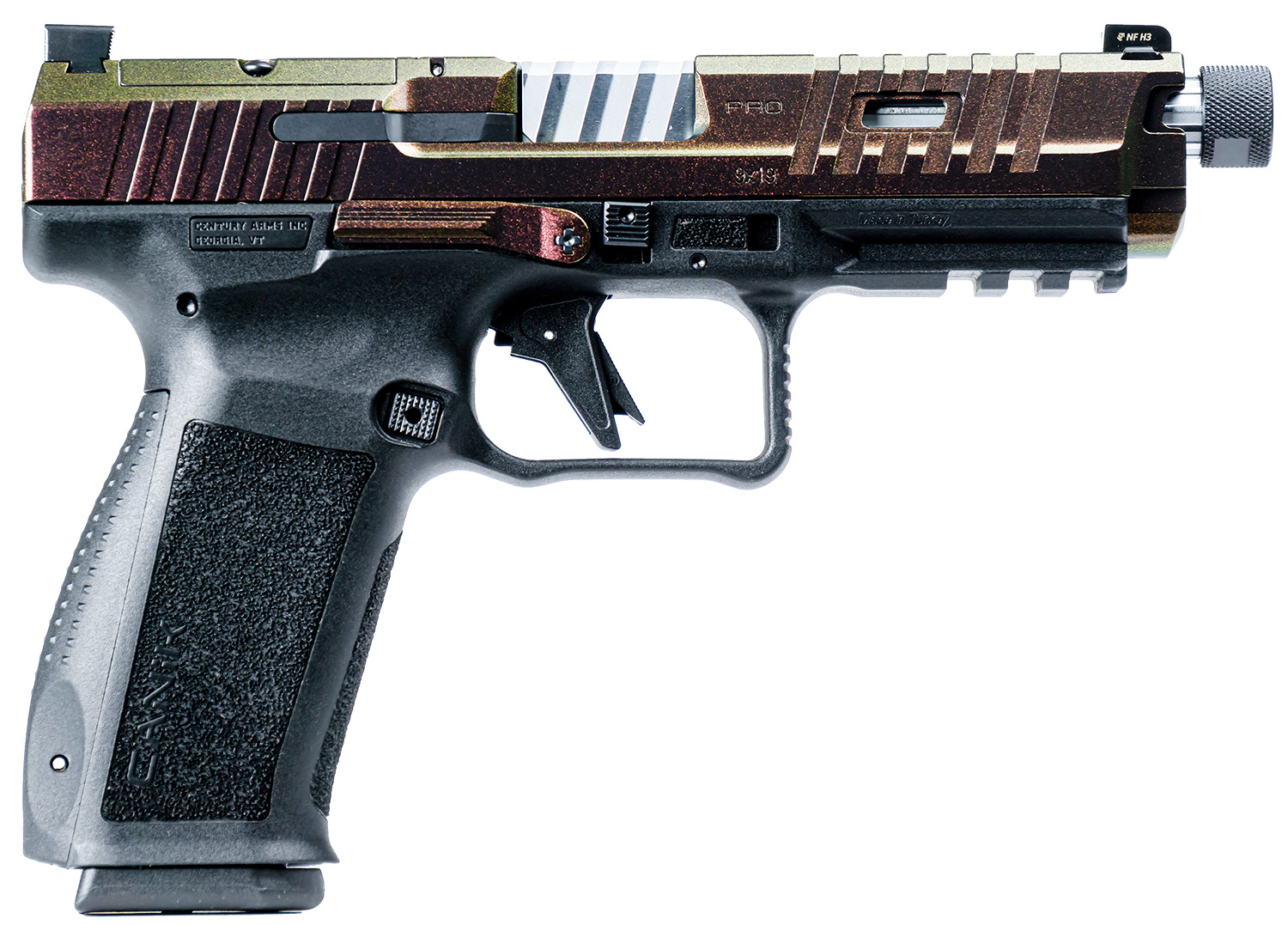 Side view of a modern pistol with unique design.