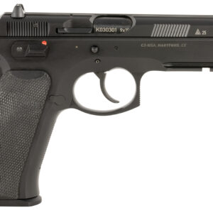 Black semi-automatic pistol on a white background.