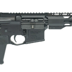 Black rifle with extended handguard and stock.