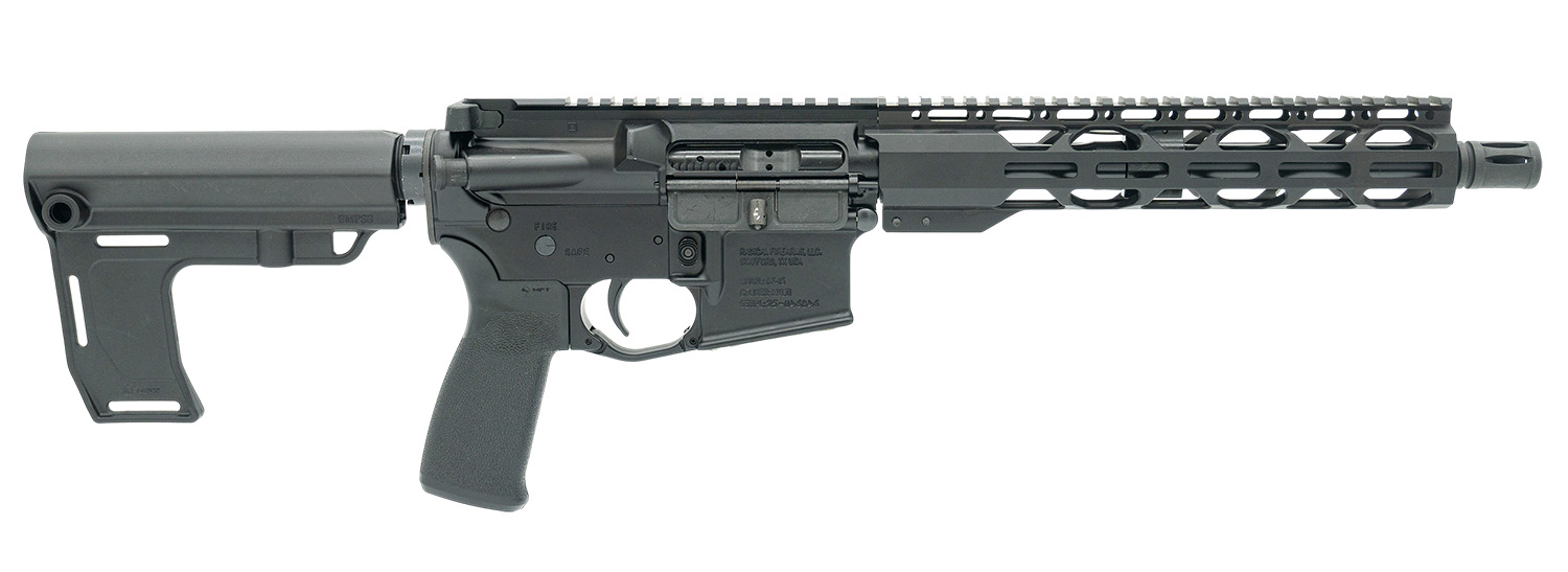 Black rifle with extended handguard and stock.