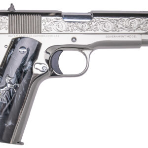 Engraved stainless steel handgun with decorative grip