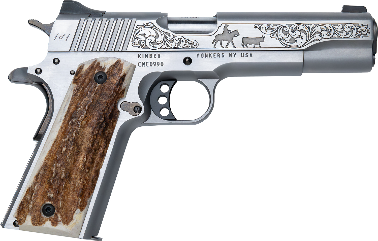 Detailed engraving on a stainless steel pistol