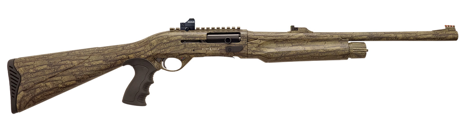 Camo-patterned firearm with a sleek design.