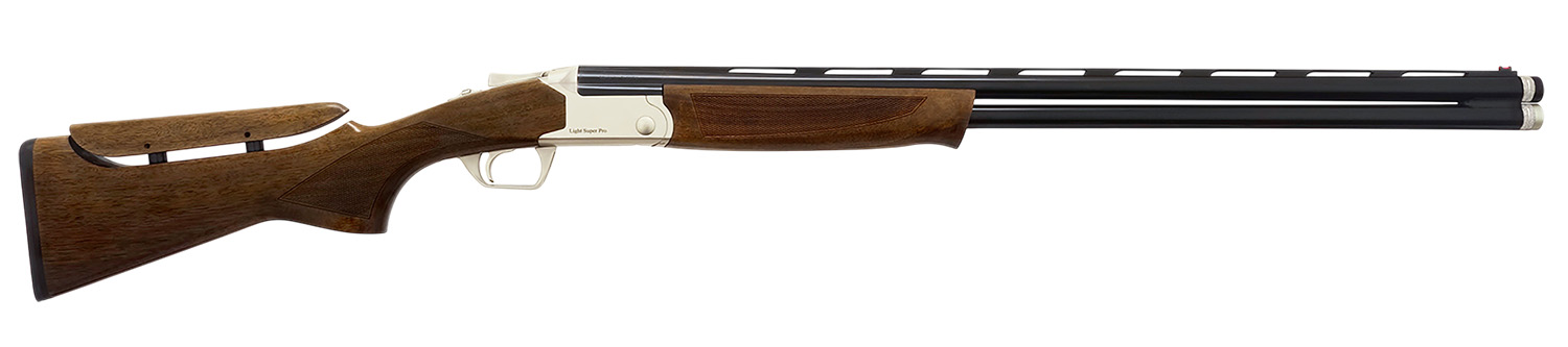 Side view of a wooden shotgun with long barrels.