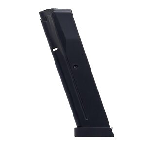 Black firearm magazine standing upright.
