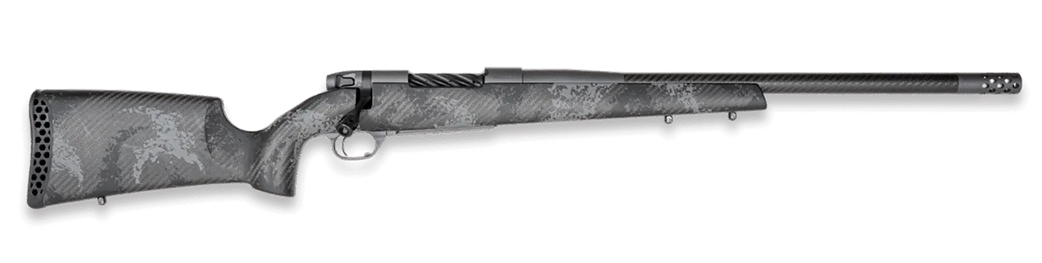 Side view of a modern gray rifle.