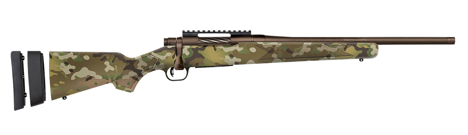 Camouflage pattern bolt-action rifle.