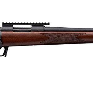 Side view of a wooden rifle with scope.
