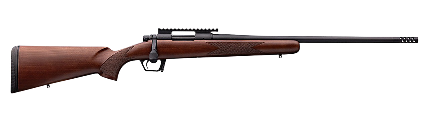 Side view of a wooden rifle with scope.