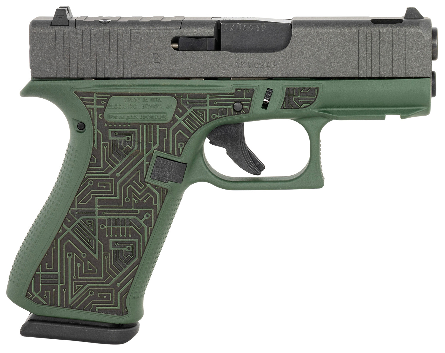 Green handgun with circuit design pattern