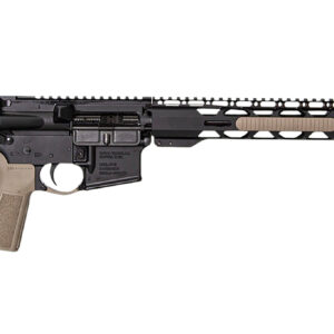 Side view of a modern rifle with accessories
