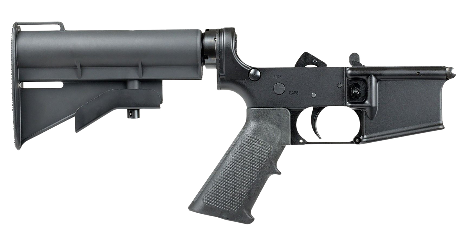 Black firearm lower receiver with stock attachment