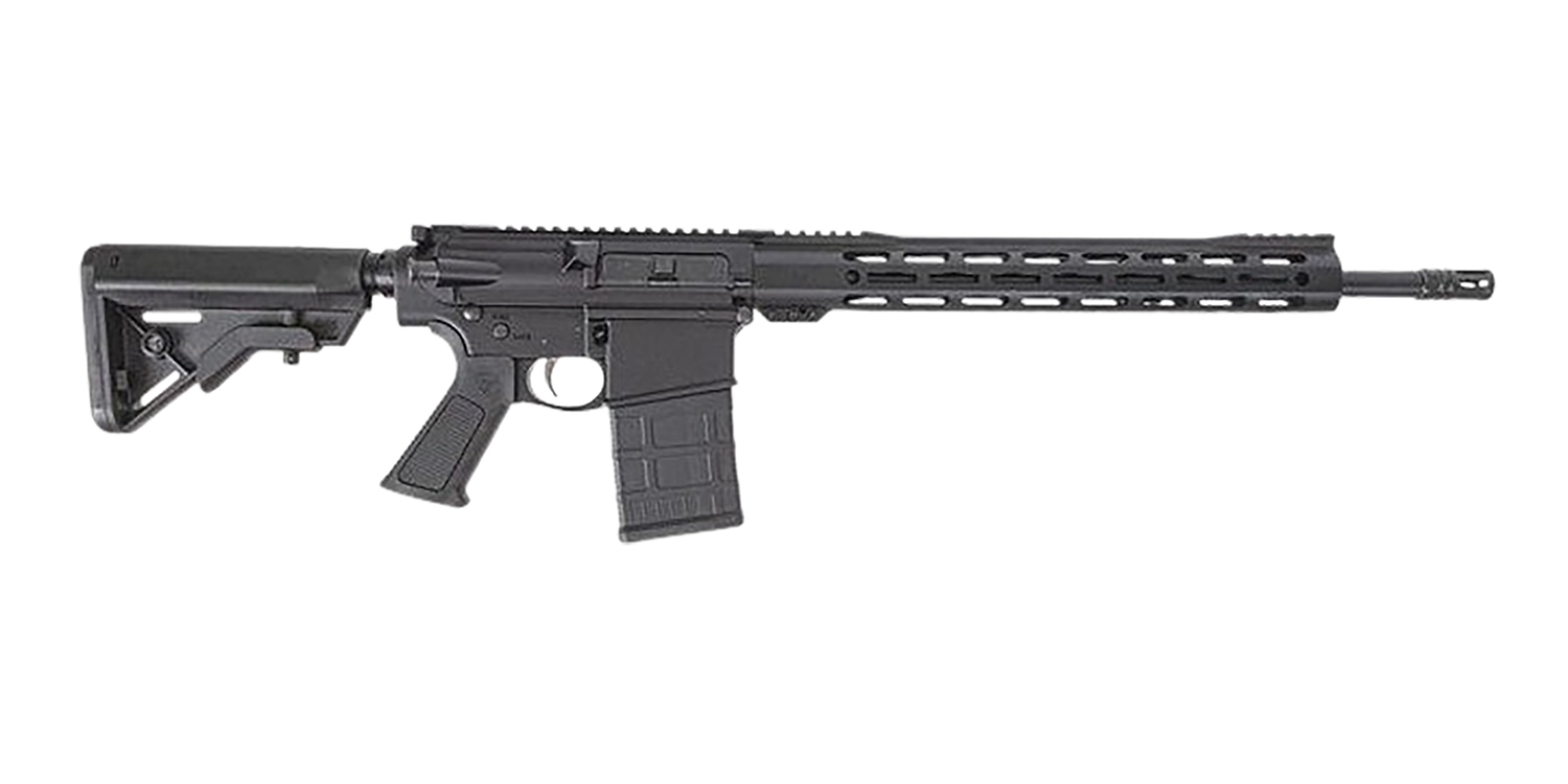Black modern rifle against a white background