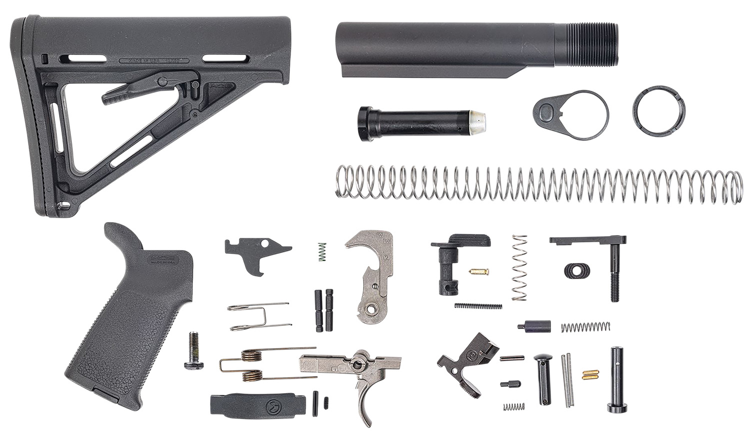 Collection of firearm assembly parts and components.