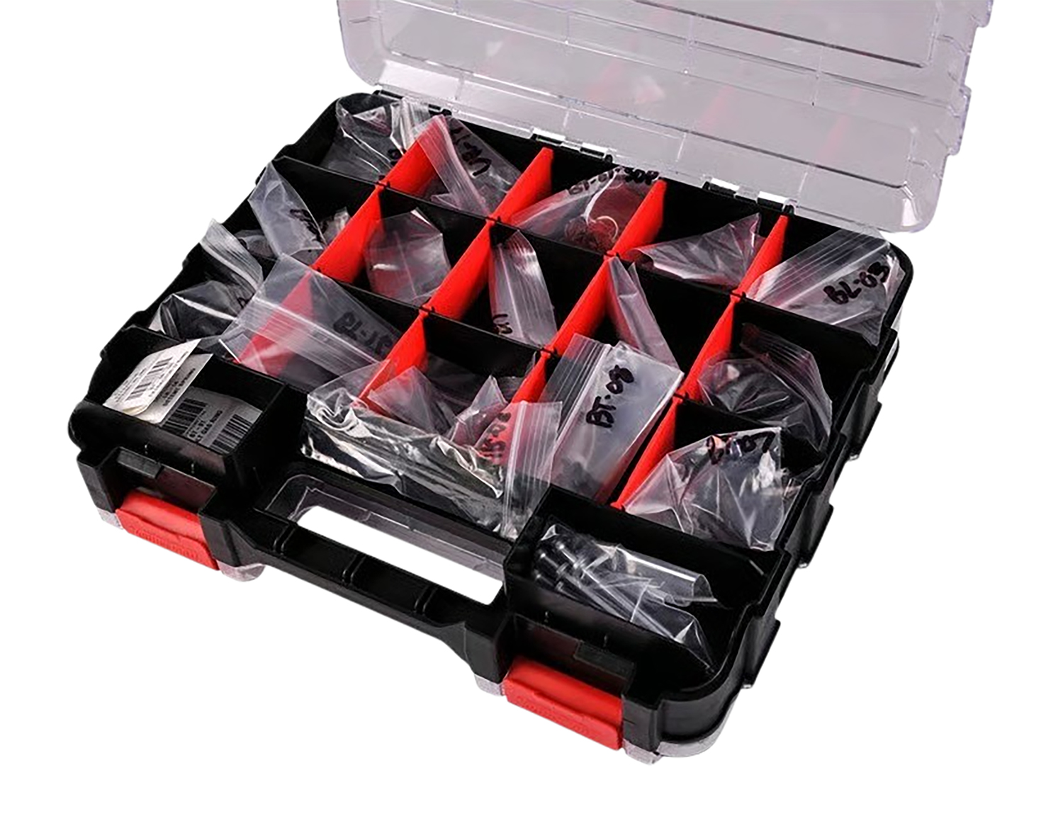 Organizer case with labeled compartments for small items.