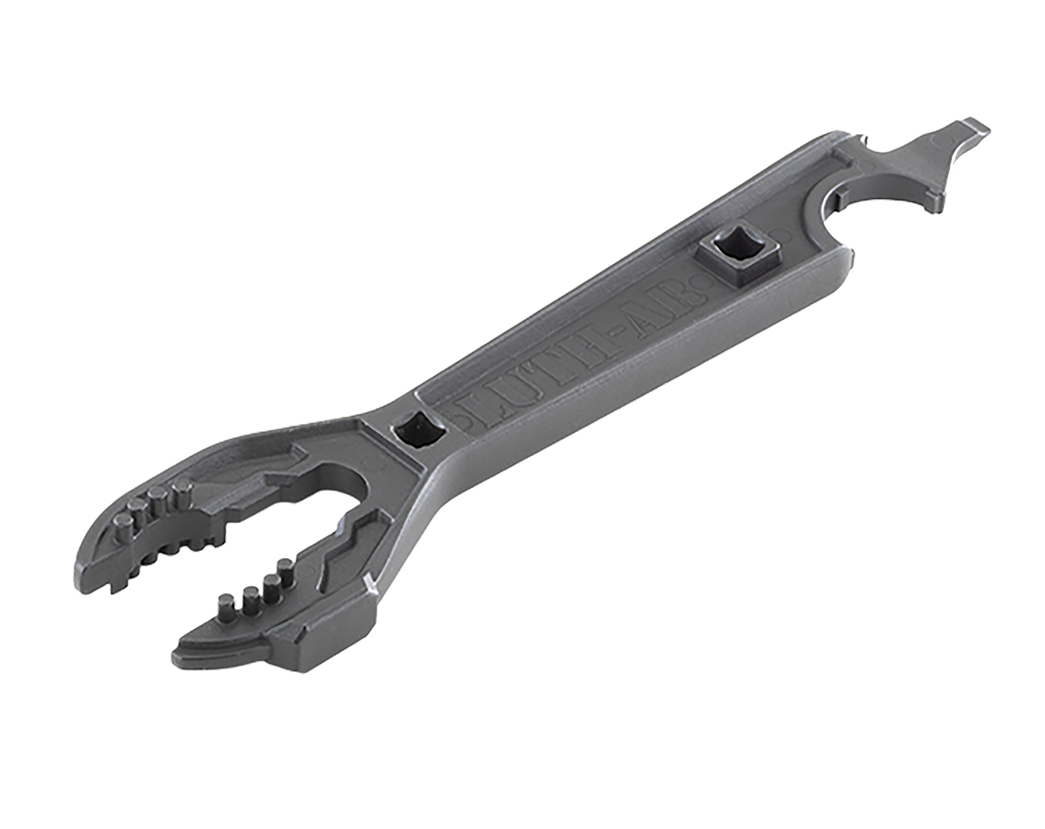 Gray adjustable wrench on a white background.