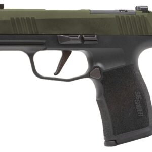 Compact green and black handgun on white background.