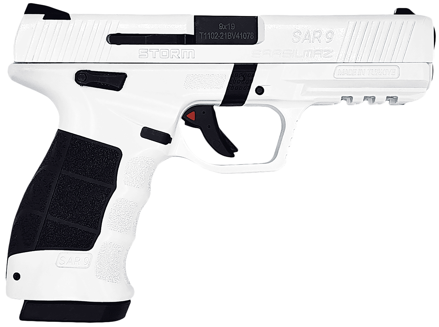 White SAR9 pistol with textured grip