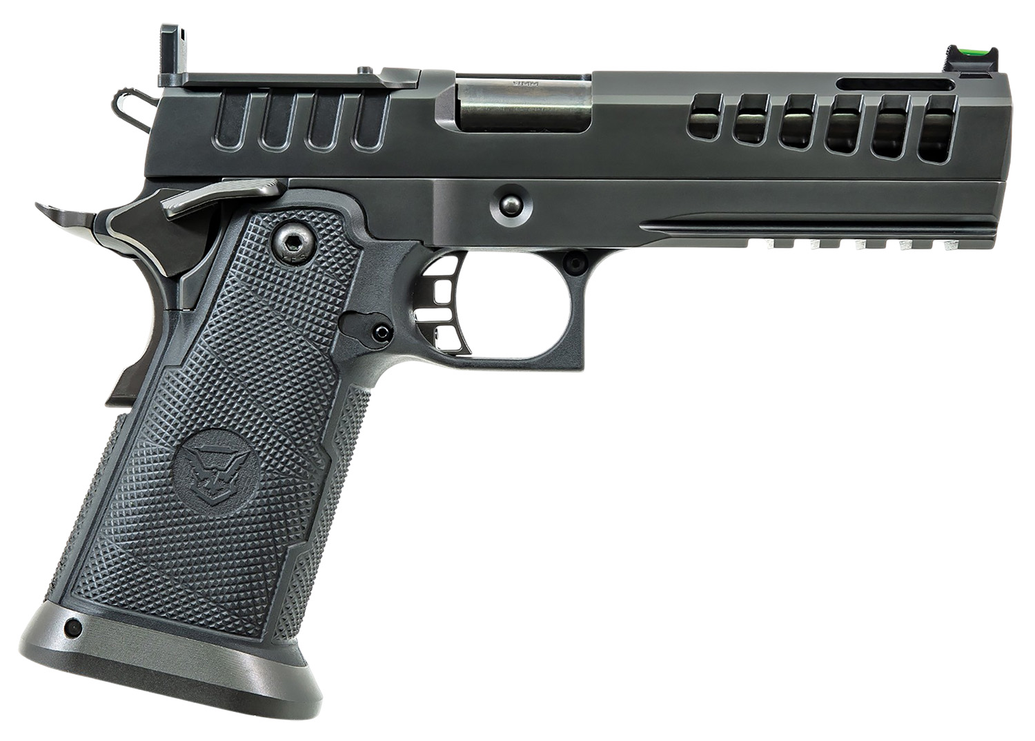 Side view of a modern semi-automatic pistol.