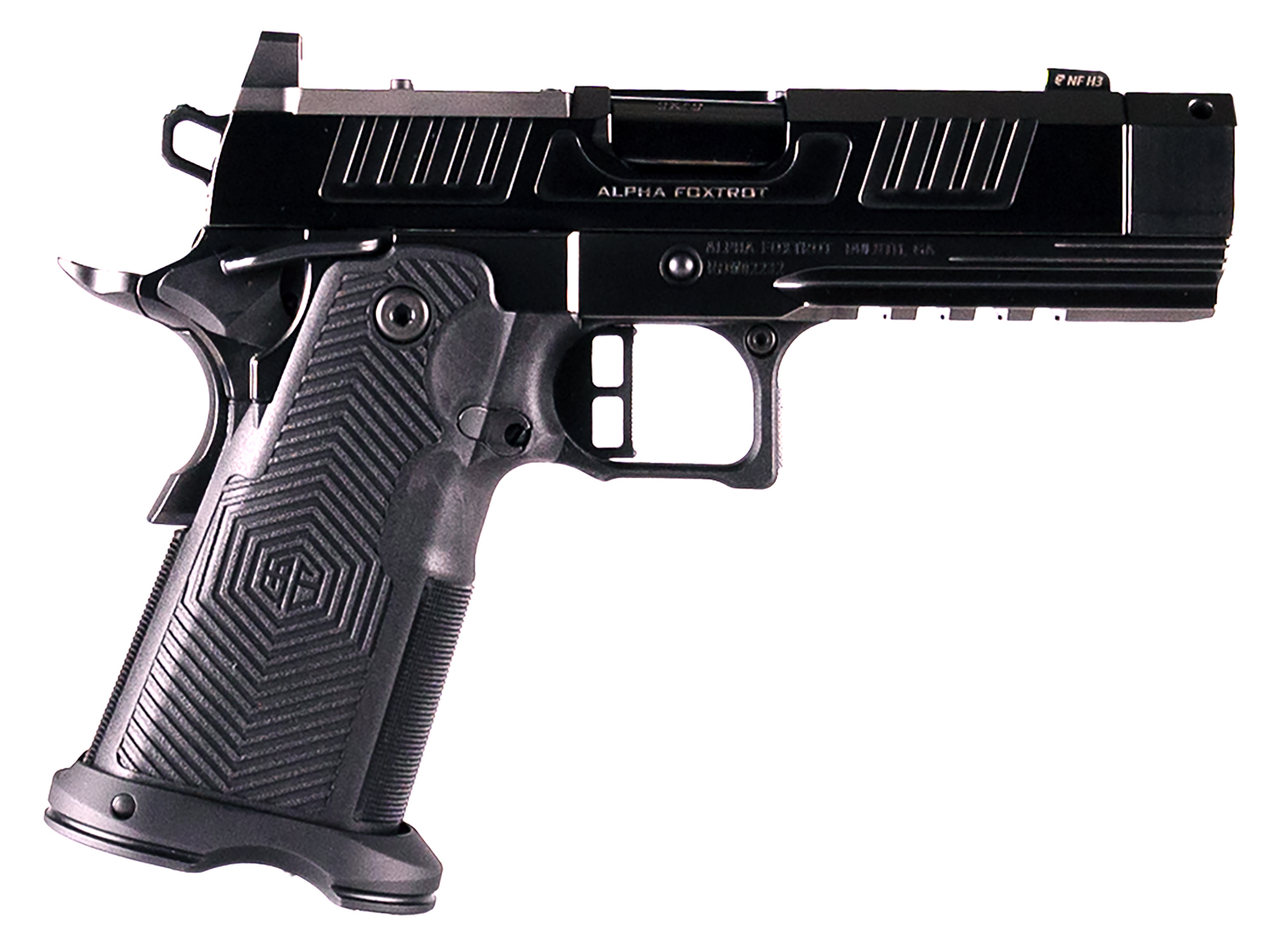 Black semi-automatic pistol on a white background.