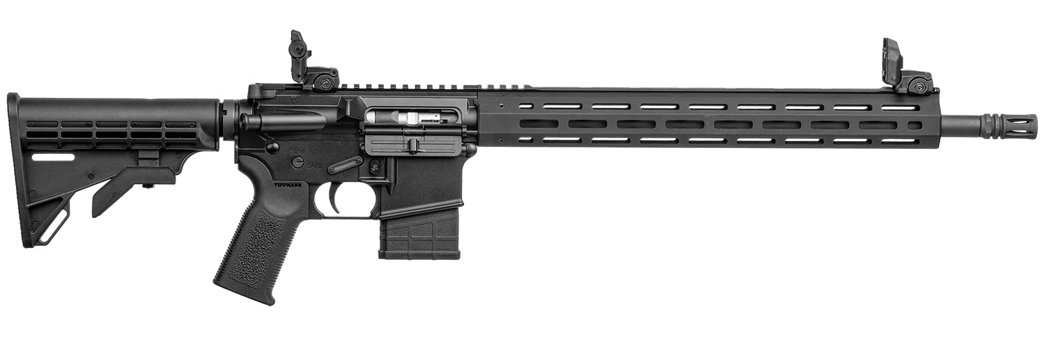 Black semi-automatic rifle with tactical features.