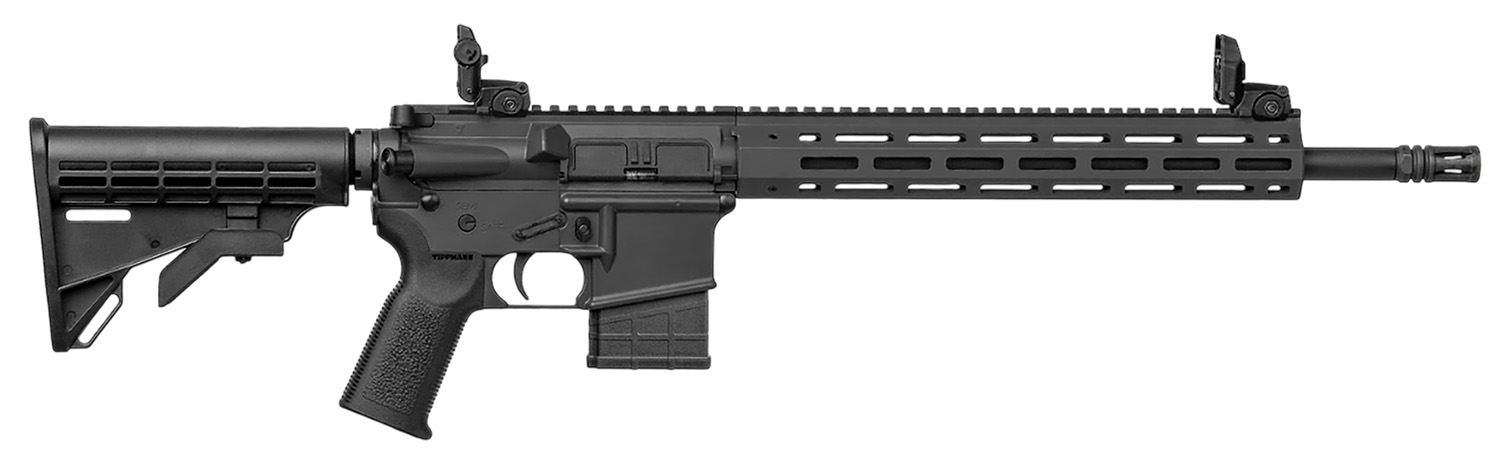 Black tactical rifle with modern design.