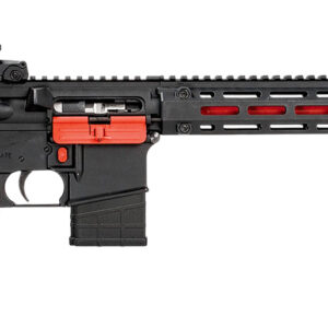 Black and red rifle on a white background.