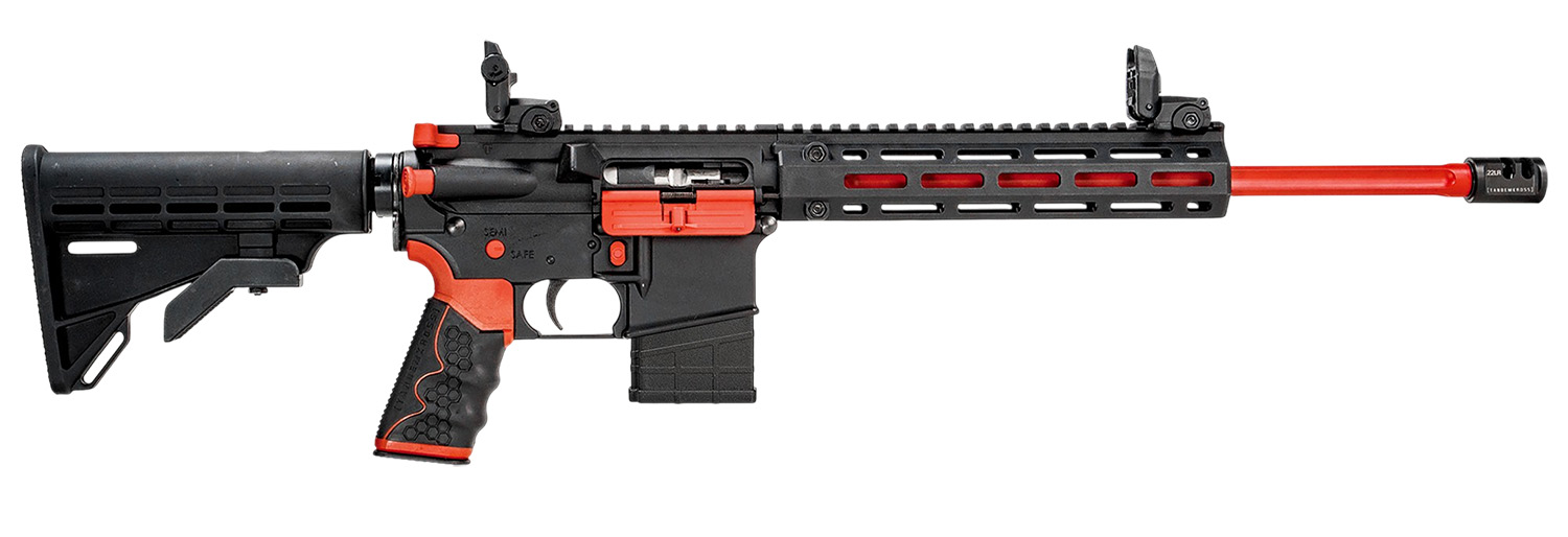 Black and red rifle on a white background.