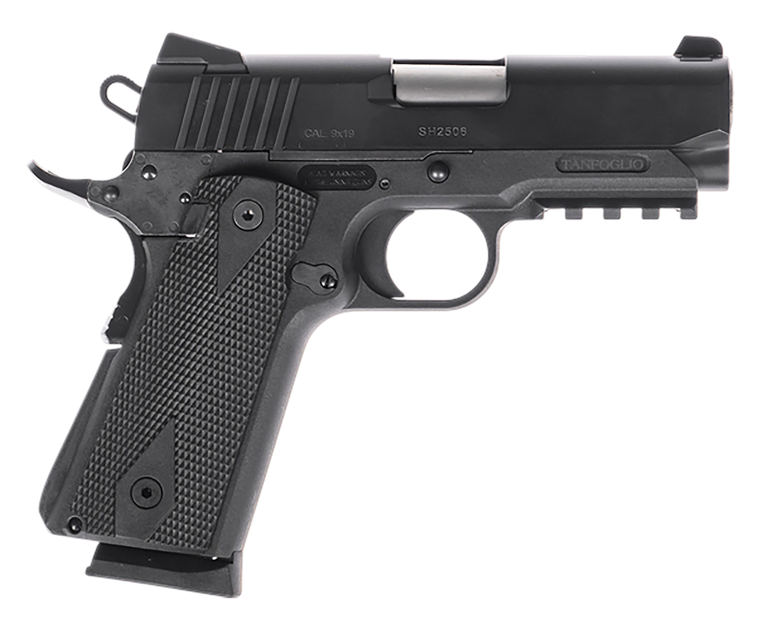 Black semi-automatic pistol with textured grip.