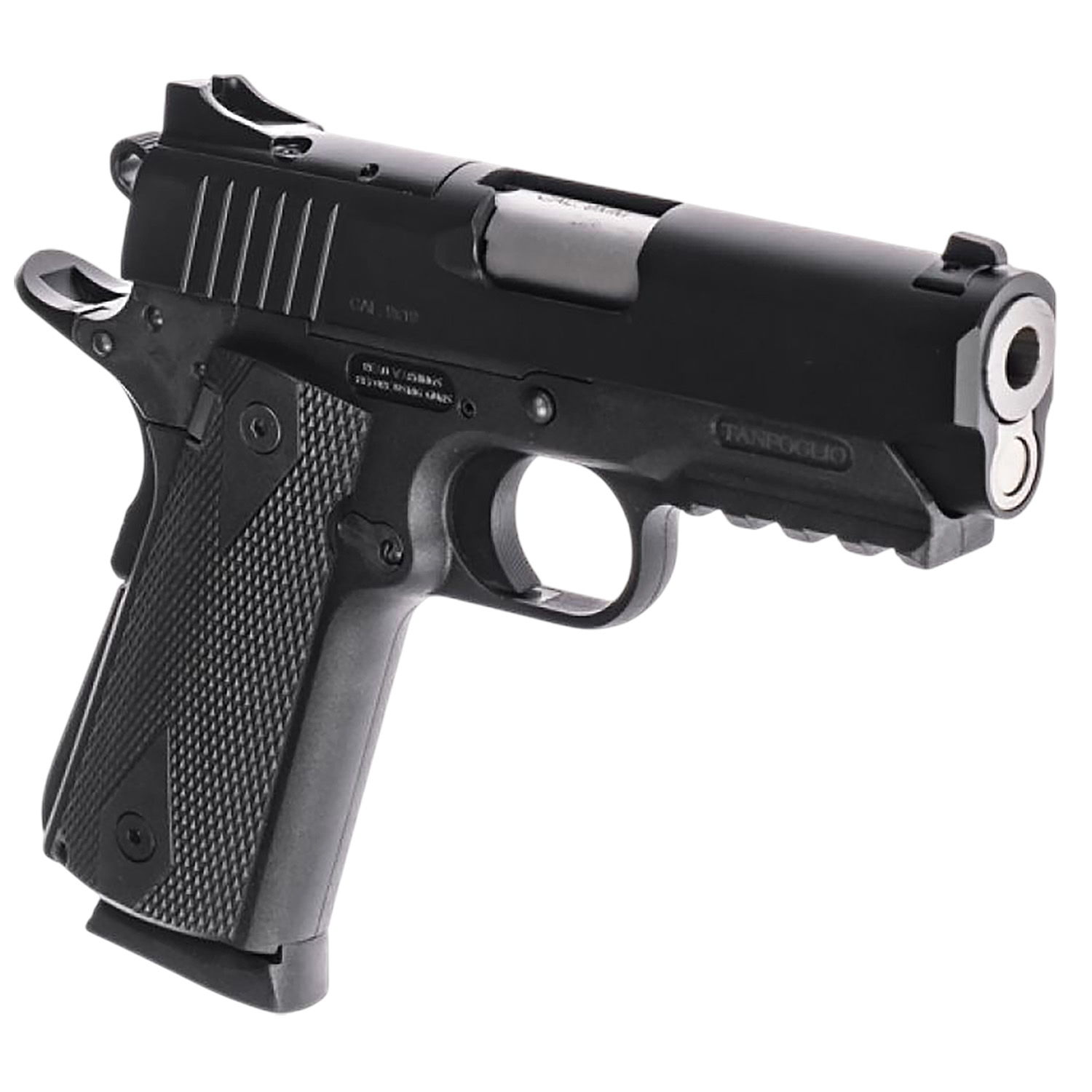 Black semi-automatic handgun on a white background.