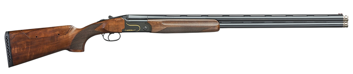 Premium over-and-under shotgun with wooden stock.