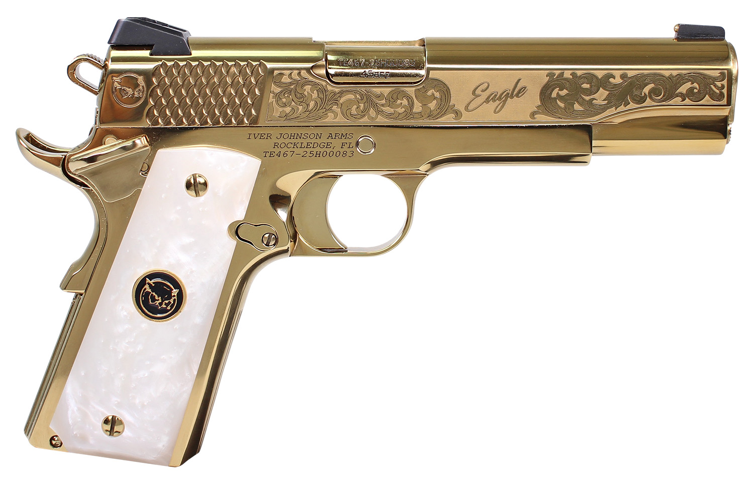 Gold-plated handgun with pearl grips.