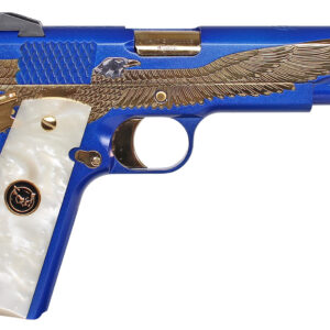 Blue and gold engraved handgun with white grip.