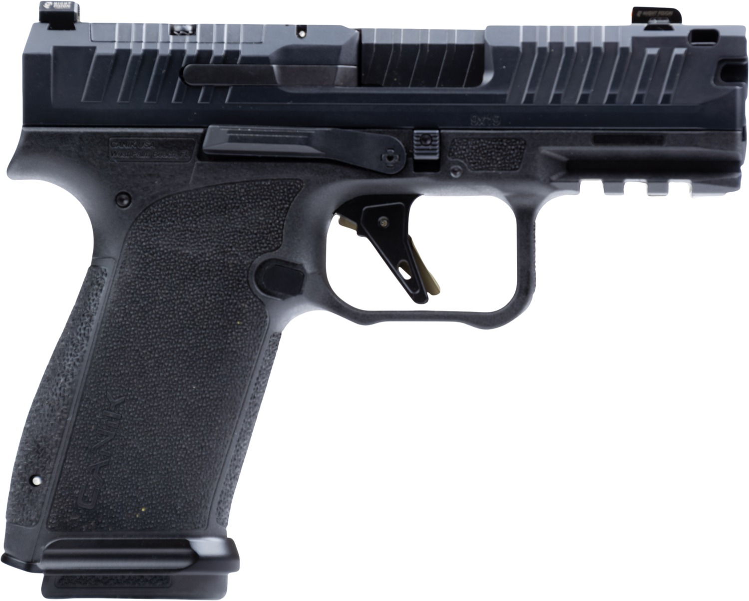 Side view of a modern handgun.