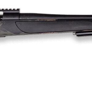 Side view of a camouflage-patterned rifle.