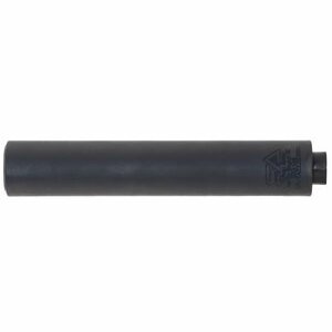 Black firearm suppressor, cylindrical shape.
