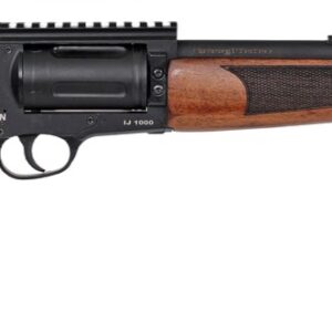 Side view of a wooden-handled rifle.
