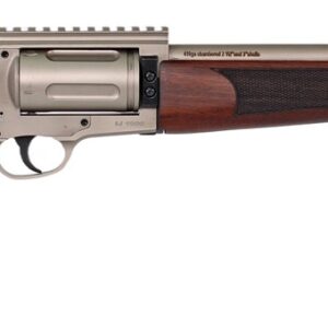 Side view of a wooden-handled firearm.