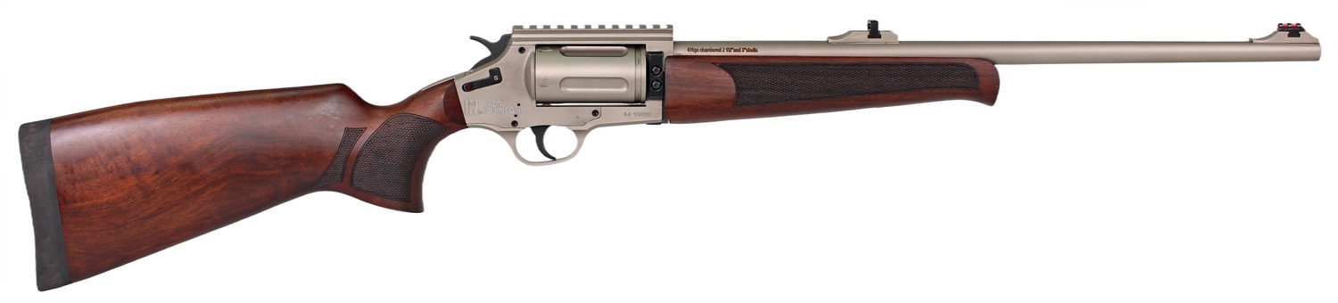 Side view of a wooden-handled firearm.