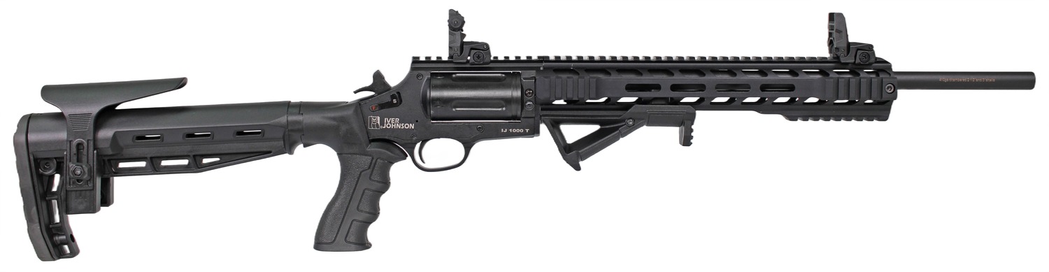 Black tactical shotgun with adjustable stock.