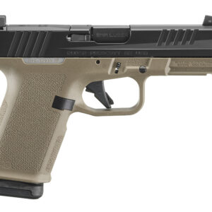 Close-up of a tan semi-automatic pistol.
