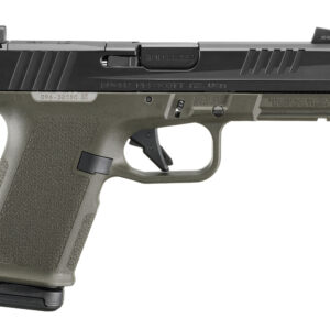Side view of a modern handgun in green