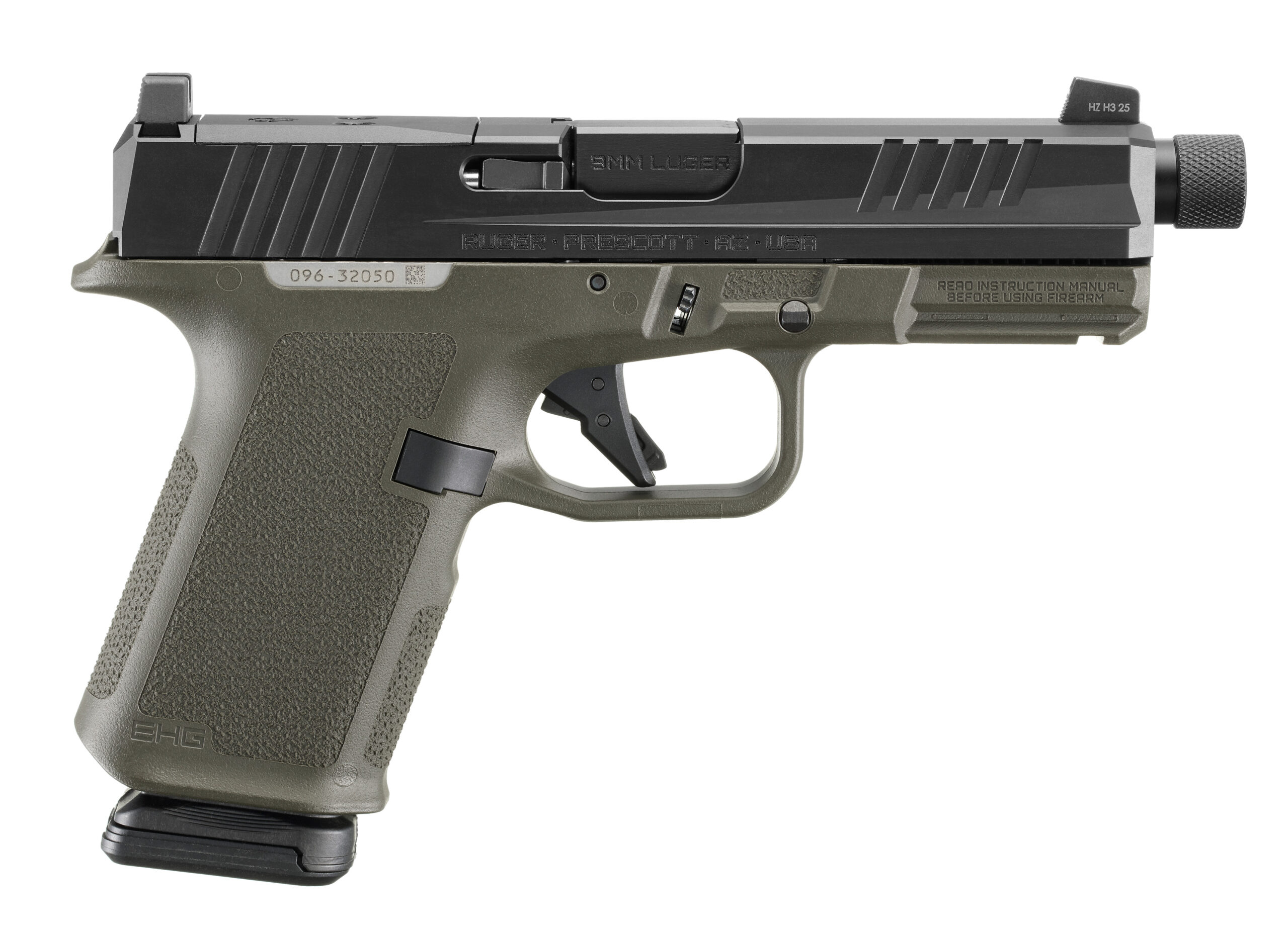 Side view of a modern handgun in green