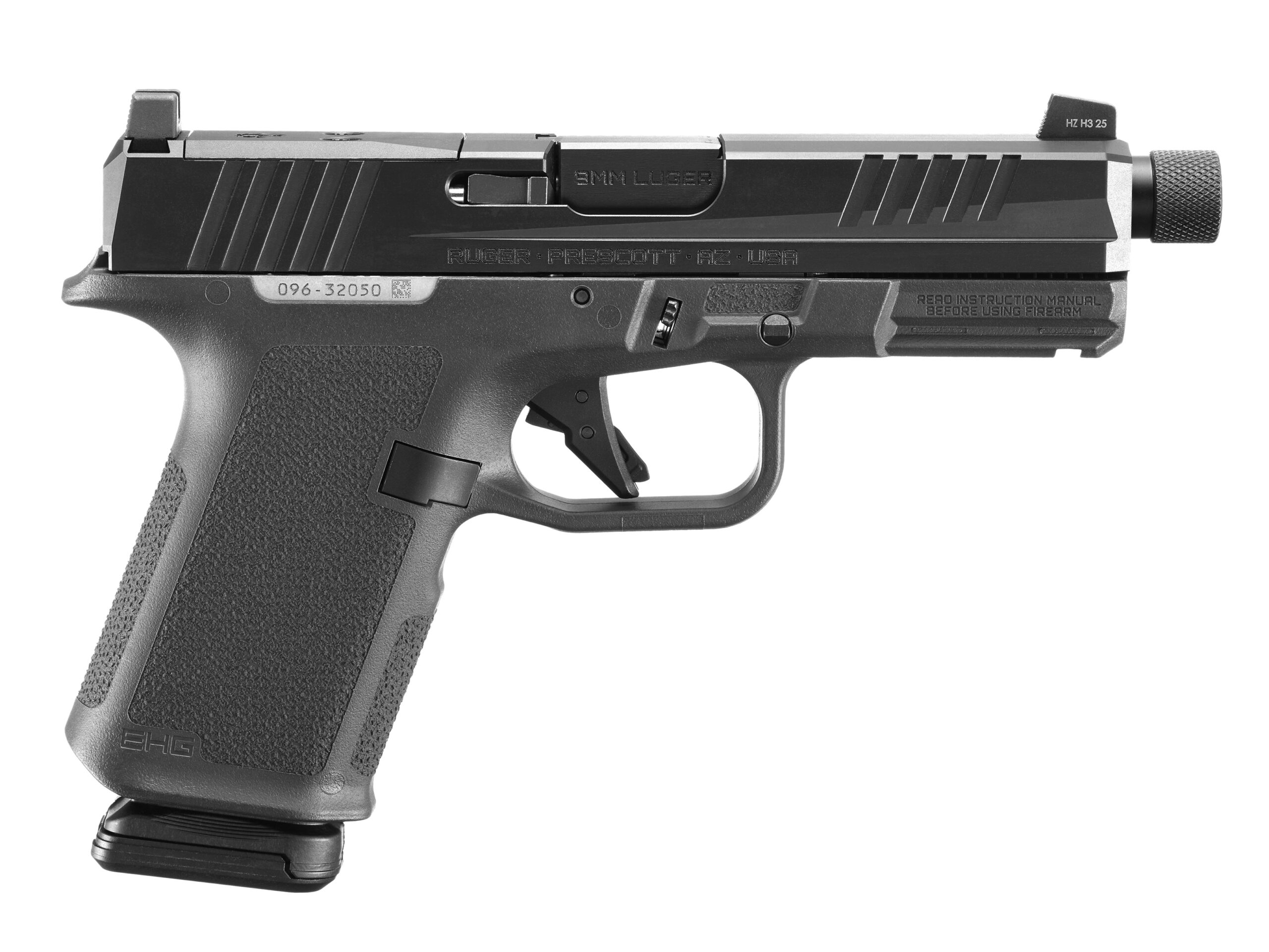Side view of a black semi-automatic handgun