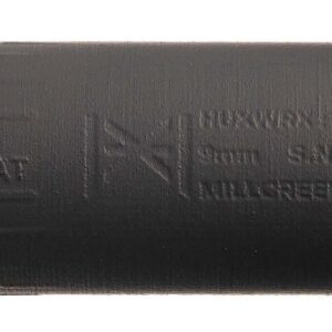 Black firearm suppressor on a white background.