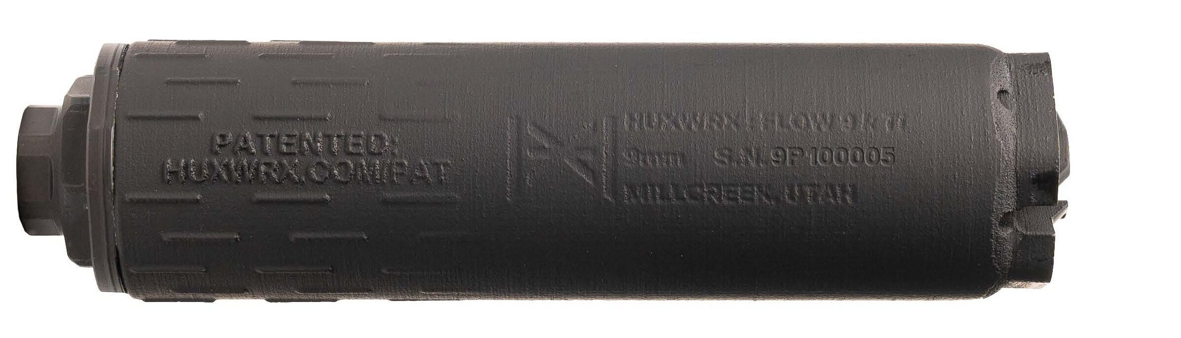 Black firearm suppressor on a white background.