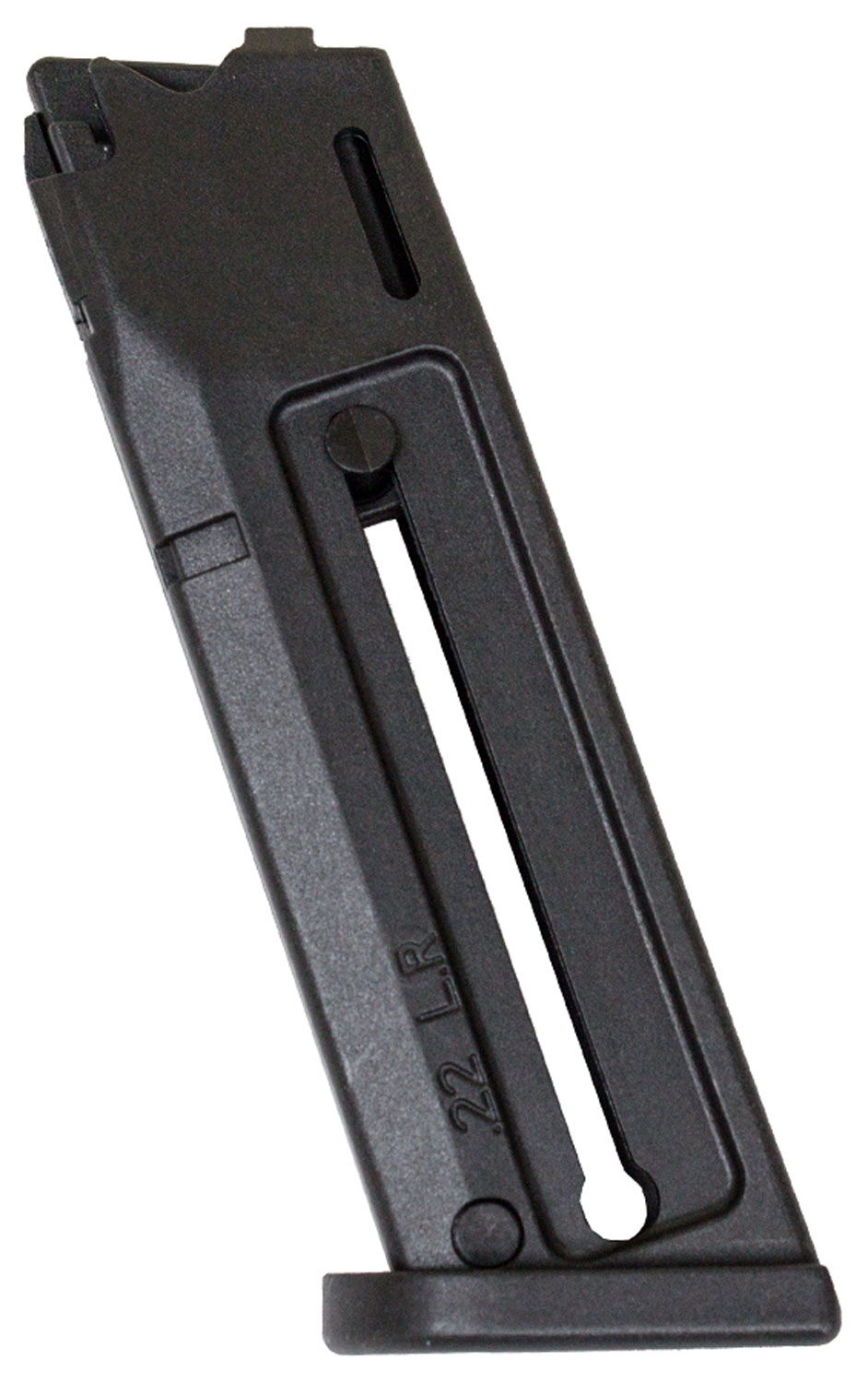 Black firearm magazine for .22 LR ammunition.