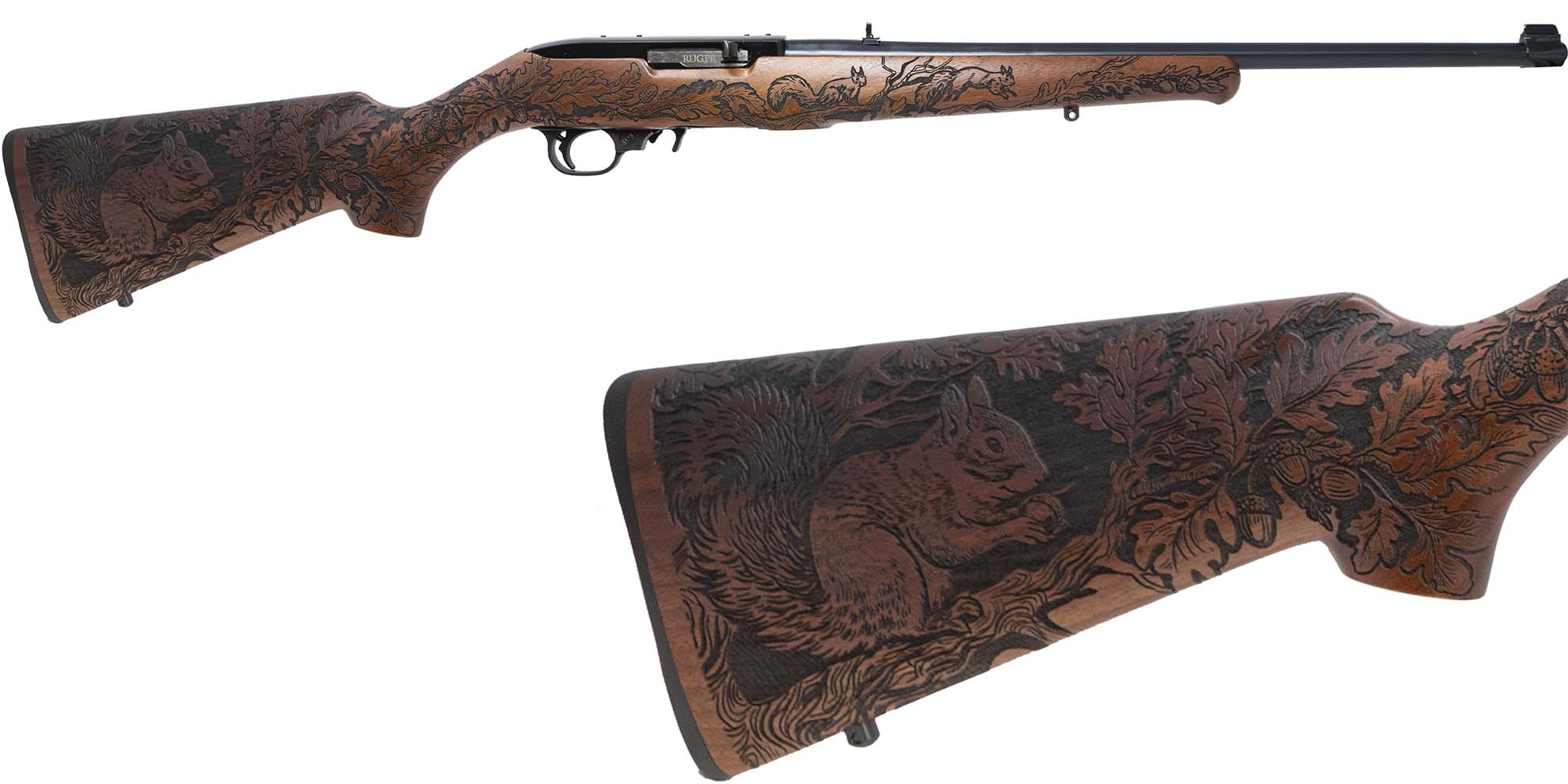 Wooden rifle stock with detailed squirrel engraving.