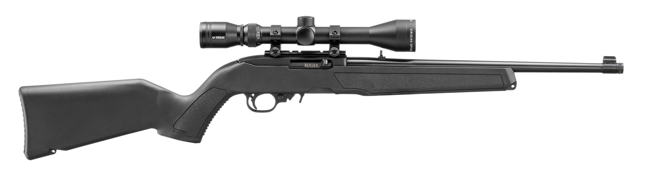 Black rifle with scope on a white background