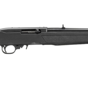 Side view of a black rifle with scope.